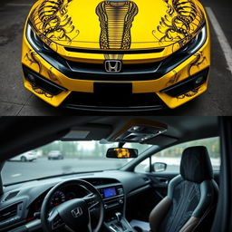 A yellow Honda Civic with a cobra-themed wrap, where the upper part of the frame shows the front side of the car, adorned with intricate cobra patterns, including the grille and headlights, while the lower part reveals the interior, with subtle cobra designs on the dashboard and seats