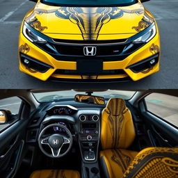 A yellow Honda Civic with a cobra-themed wrap, where the upper part of the frame shows the front side of the car, adorned with intricate cobra patterns, including the grille and headlights, while the lower part reveals the interior, with subtle cobra designs on the dashboard and seats