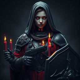 A female nun clad in heavy black metallic armor, adorned with red robes and candles