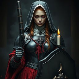 A female nun clad in heavy black metallic armor, adorned with red robes and candles