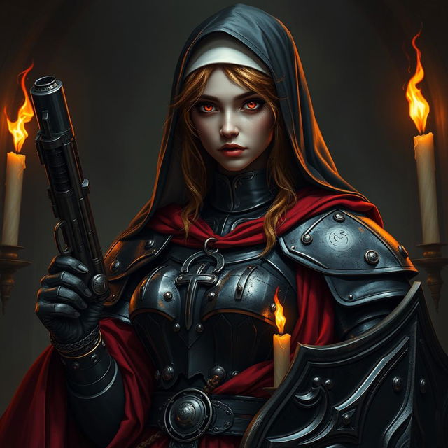 A female nun clad in heavy black metallic armor, adorned with red robes and candles