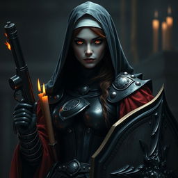 A female nun clad in heavy black metallic armor, adorned with red robes and candles