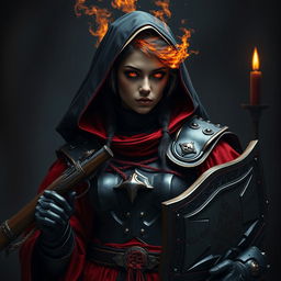 A female nun clad in heavy black and crimson metallic armor, adorned with red robes and candles