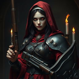 A female nun clad in heavy black and crimson metallic armor, adorned with red robes and candles