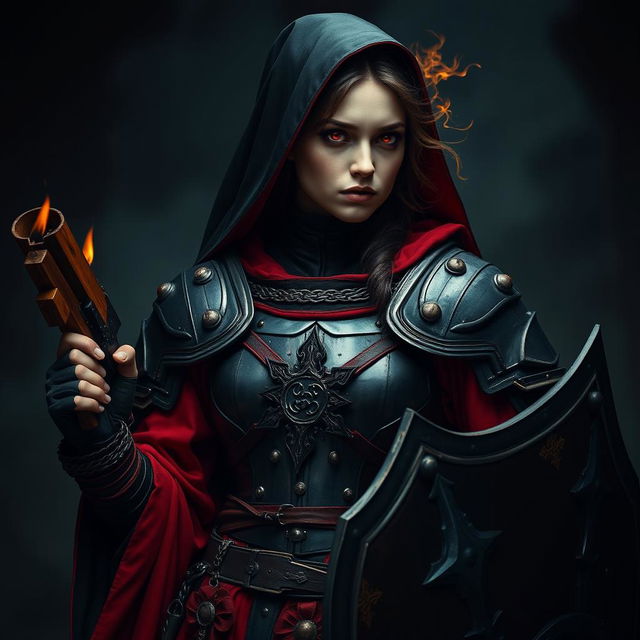 A female nun clad in heavy black and crimson metallic armor, adorned with red robes and candles