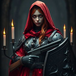 A female nun clad in heavy black and crimson metallic armor, adorned with red robes and candles