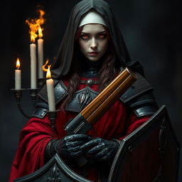 A female nun wearing heavy black and crimson metallic armor, covered in red robes and candles