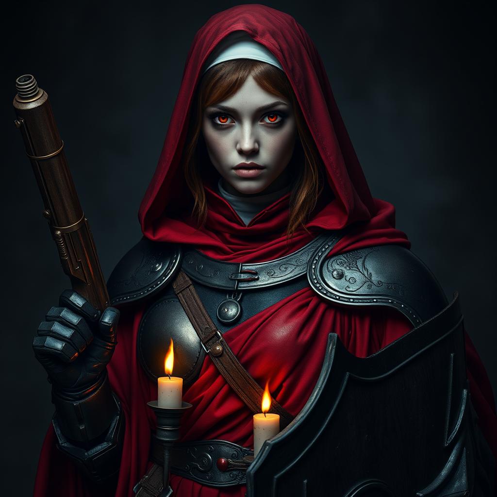 A female nun wearing heavy black and crimson metallic armor, covered in red robes and candles