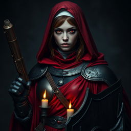 A female nun wearing heavy black and crimson metallic armor, covered in red robes and candles
