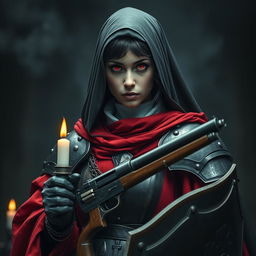 A female nun wearing heavy black and crimson metallic armor, covered in red robes and candles