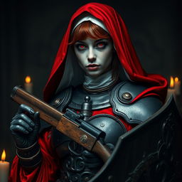 A female nun wearing heavy black and crimson metallic armor, covered in red robes and candles