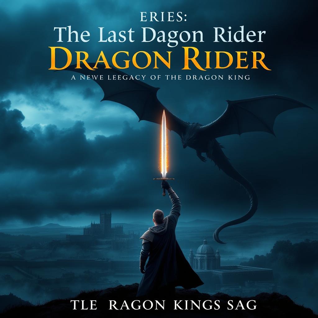 A bold yet minimalist cover design featuring a majestic dragon flying through a darkened, stormy sky over a sprawling medieval kingdom