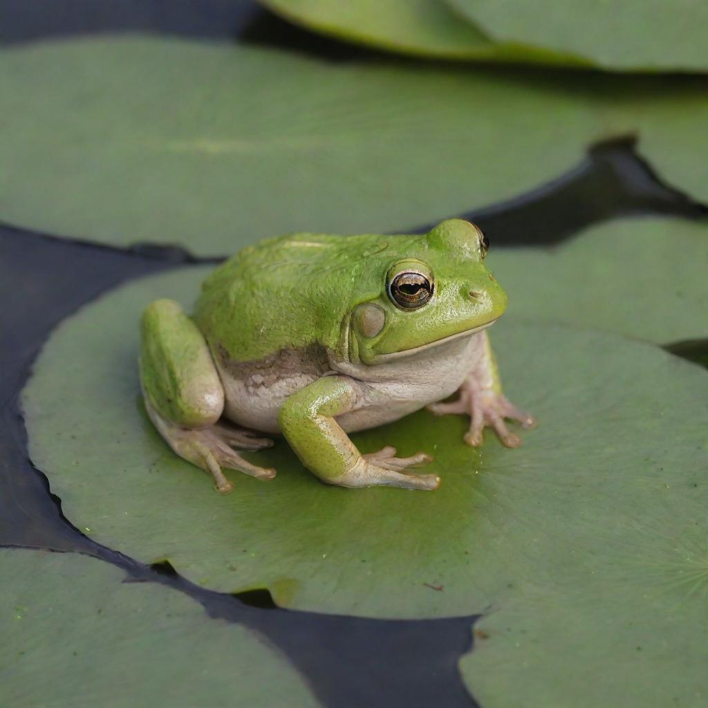A cute and chubby frog on a lily pad