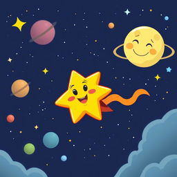 A cartoonish star character flying towards the moon in outer space