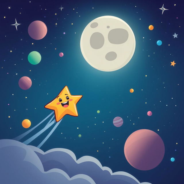 A cartoonish star character flying towards the moon in outer space