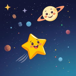 A cartoonish star character flying towards the moon in outer space