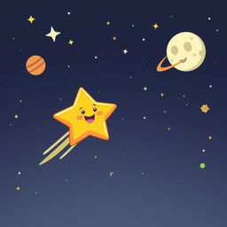 A cartoonish star character flying towards the moon in outer space