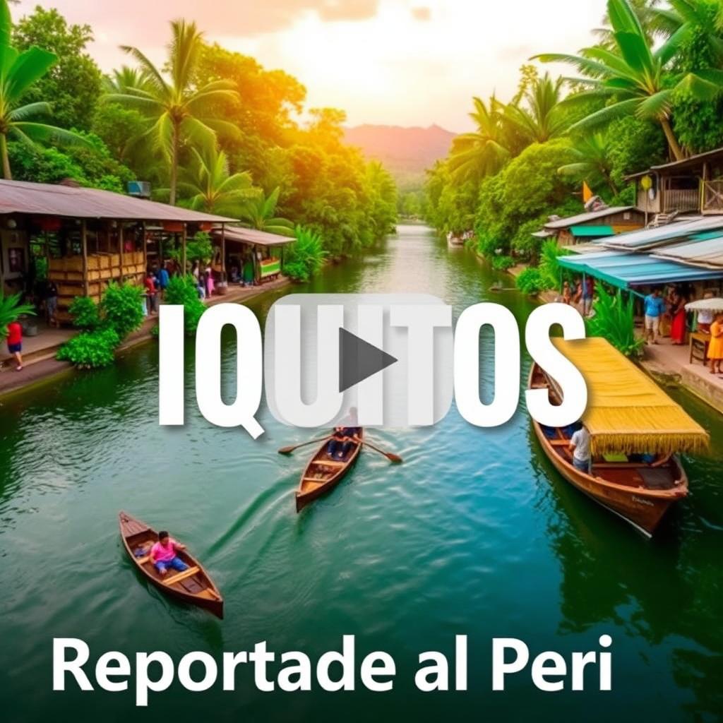 Create a vibrant and engaging thumbnail for a video titled 'Reportaje al Perú: Iquitos'