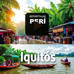 Create a vibrant and engaging thumbnail for a video titled 'Reportaje al Perú: Iquitos'