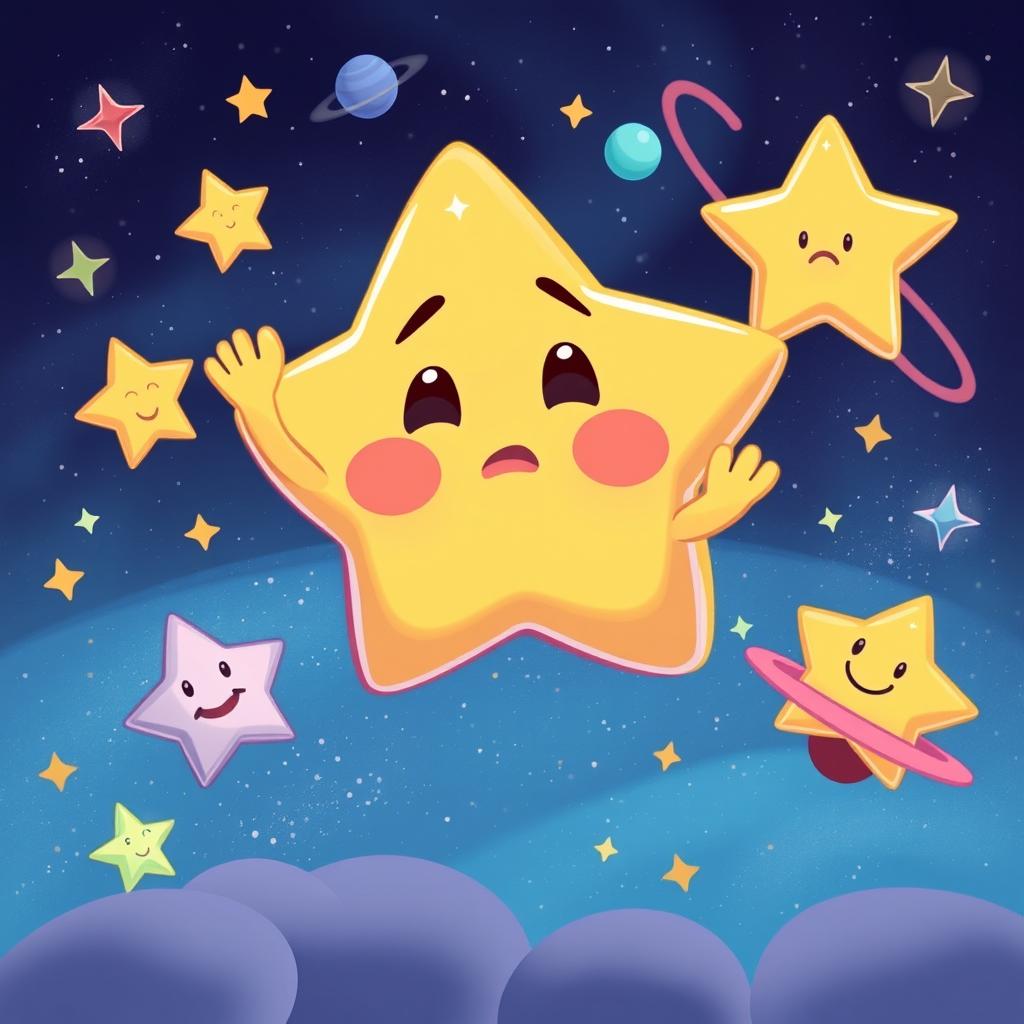 A cartoonish star character saying goodbye to its friends in outer space