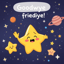 A cartoonish star character saying goodbye to its friends in outer space