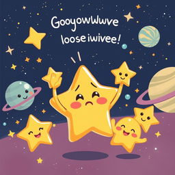 A cartoonish star character saying goodbye to its friends in outer space