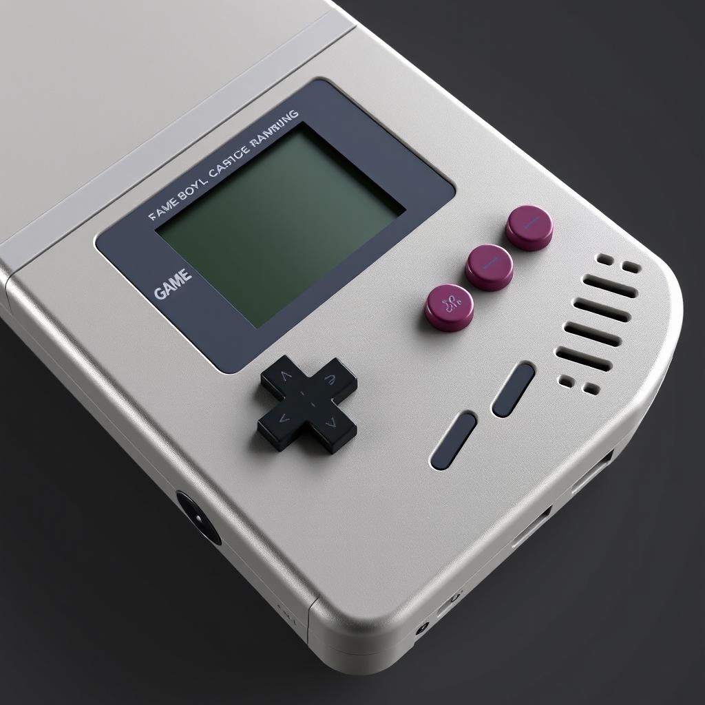 A highly detailed 3D rendering of a classic Game Boy, showing its iconic gray casing, D-pad, and buttons