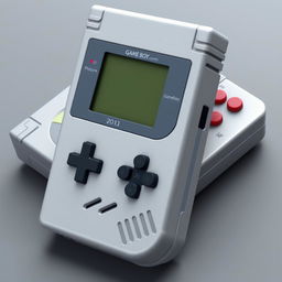 A highly detailed 3D rendering of a classic Game Boy, showing its iconic gray casing, D-pad, and buttons