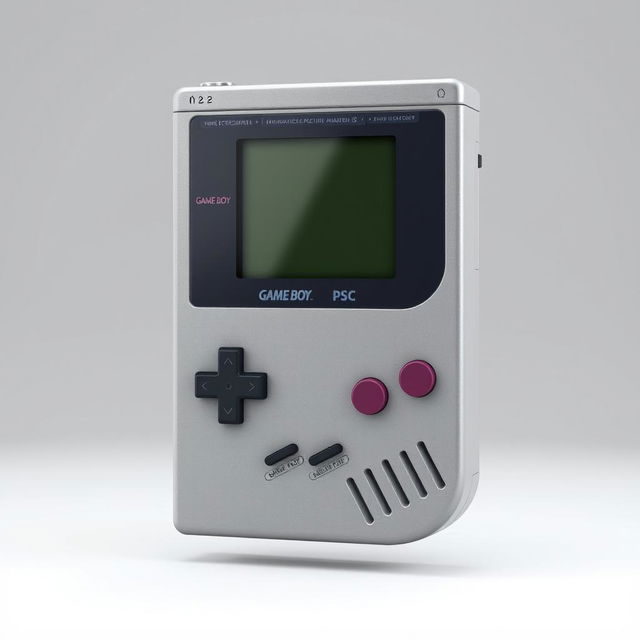 A highly detailed 3D rendering of a classic Game Boy, showing its iconic gray casing, D-pad, and buttons