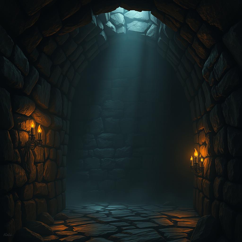 A dark, eerie dungeon with stone walls, flickering torches, and shadows creeping in the corners