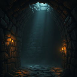 A dark, eerie dungeon with stone walls, flickering torches, and shadows creeping in the corners