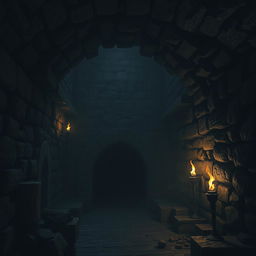 A dark, eerie dungeon with stone walls, flickering torches, and shadows creeping in the corners