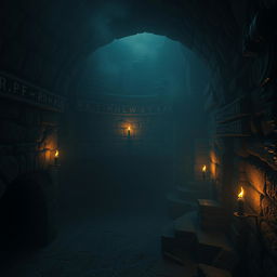 A dark, eerie dungeon with stone walls, flickering torches, and shadows creeping in the corners