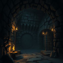 A dark, eerie dungeon with stone walls, flickering torches, and shadows creeping in the corners