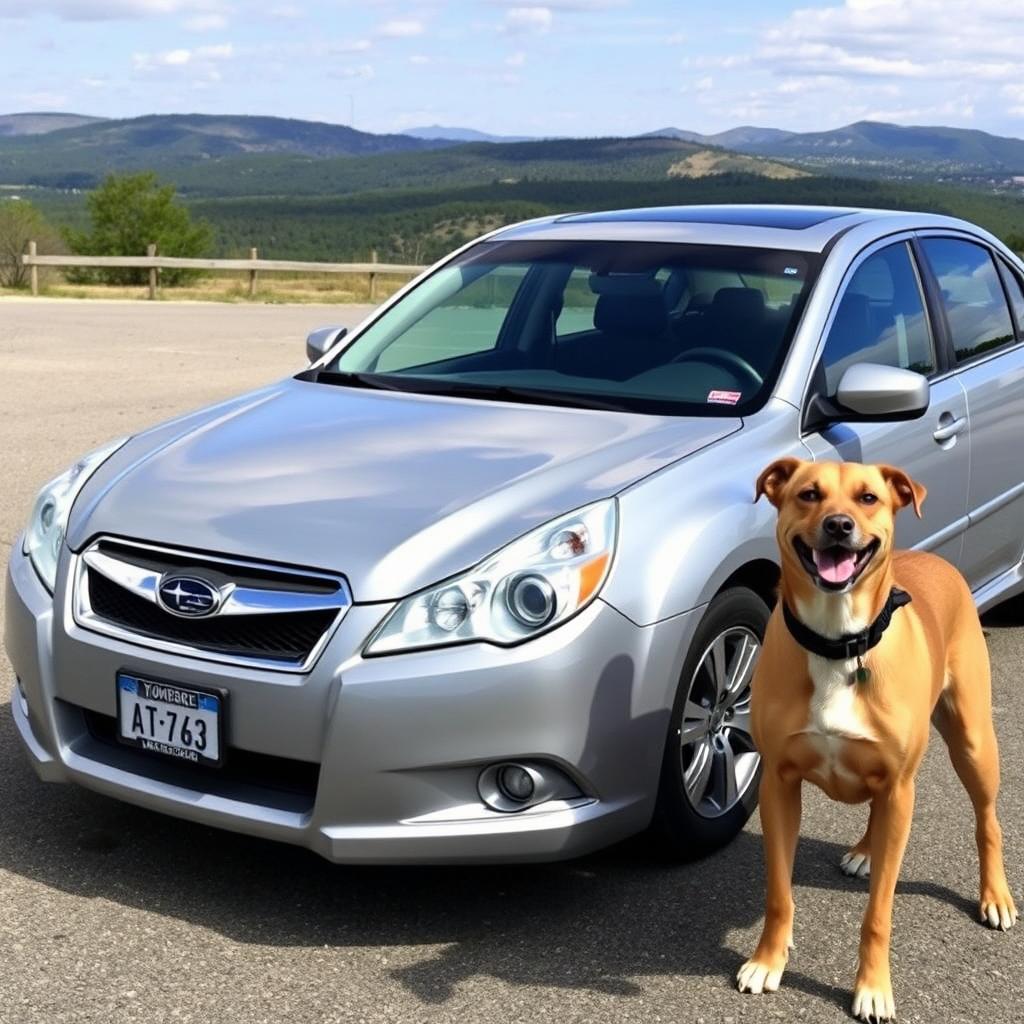 A 2010 Subaru Legacy parked in a scenic location with a mix breed dog named Apollo sitting beside it