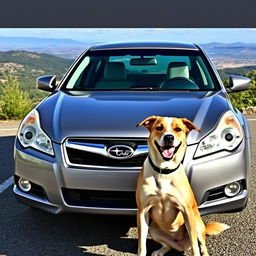 A 2010 Subaru Legacy parked in a scenic location with a mix breed dog named Apollo sitting beside it