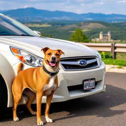 A 2010 Subaru Legacy parked in a scenic location with a mix breed dog named Apollo sitting beside it