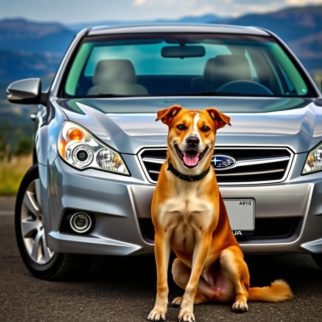 A 2010 Subaru Legacy parked in a scenic location with a mix breed dog named Apollo sitting beside it