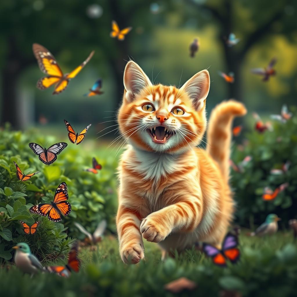 An orange cat with vibrant green eyes playing joyfully in a park