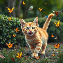 An orange cat with vibrant green eyes playing joyfully in a park