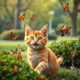 An orange cat with vibrant green eyes playing joyfully in a park