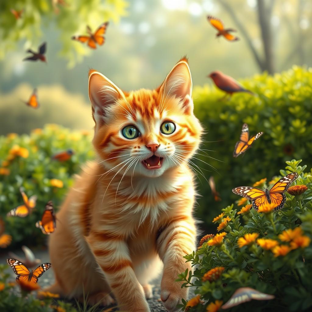 An orange cat with vibrant green eyes playing joyfully in a park