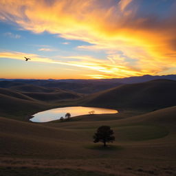 A beautiful landscape with rolling hills, a clear blue sky, and a vibrant sunset casting warm hues over the scene