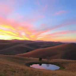 A beautiful landscape with rolling hills, a clear blue sky, and a vibrant sunset casting warm hues over the scene