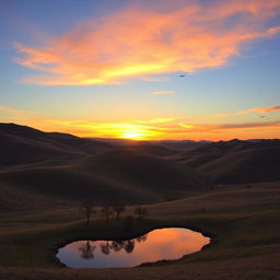 A beautiful landscape with rolling hills, a clear blue sky, and a vibrant sunset casting warm hues over the scene