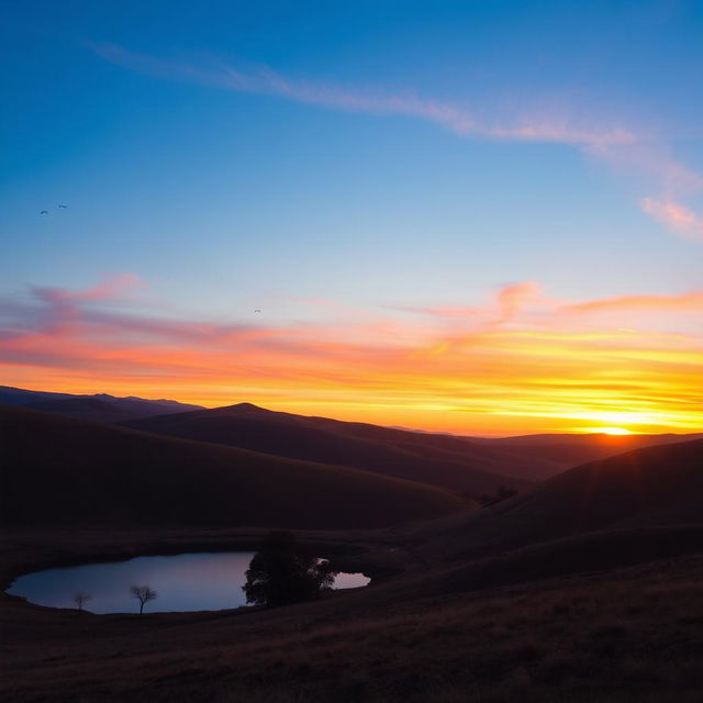 A beautiful landscape with rolling hills, a clear blue sky, and a vibrant sunset casting warm hues over the scene