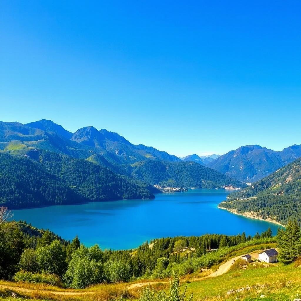 A beautiful landscape featuring a serene lake surrounded by lush green mountains and a clear blue sky