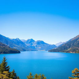 A beautiful landscape featuring a serene lake surrounded by lush green mountains and a clear blue sky