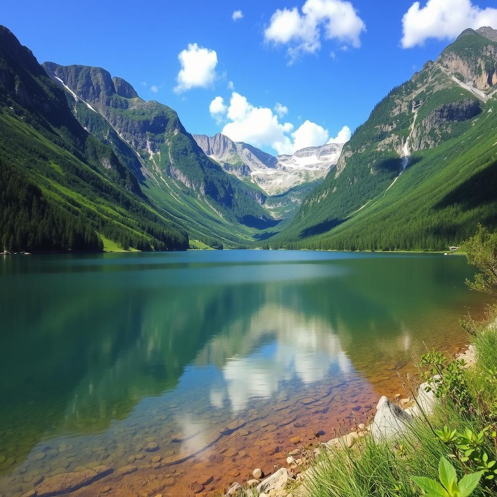 A beautiful landscape featuring a serene lake surrounded by lush green mountains and a clear blue sky