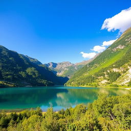 A beautiful landscape featuring a serene lake surrounded by lush green mountains and a clear blue sky